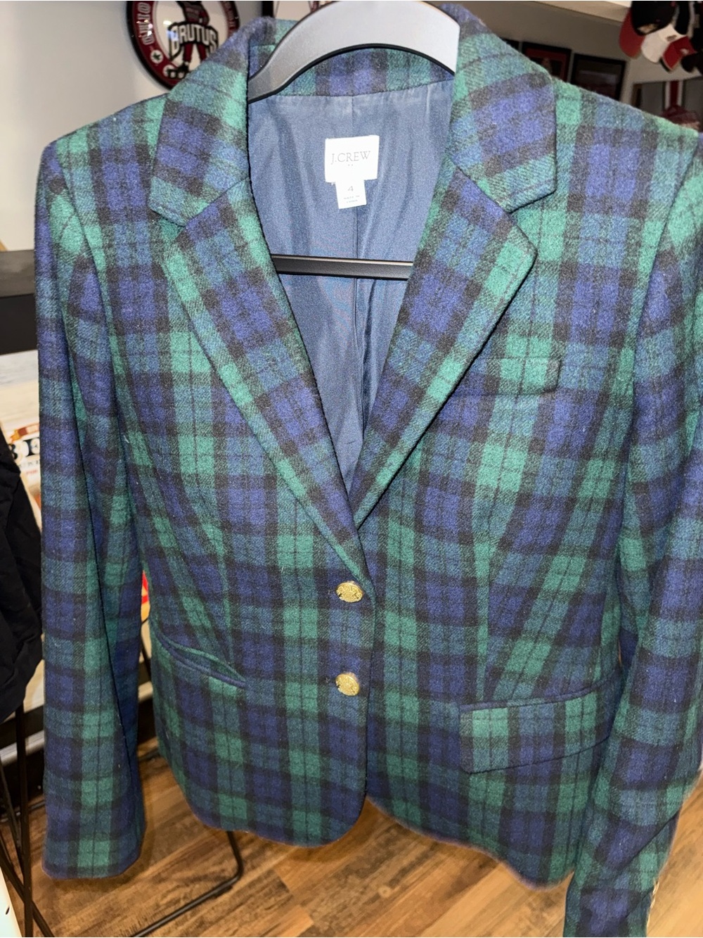 J.Crew Black Watch Tartan Plaid Blazer Size 4 Gold Crest Buttons Navy Green